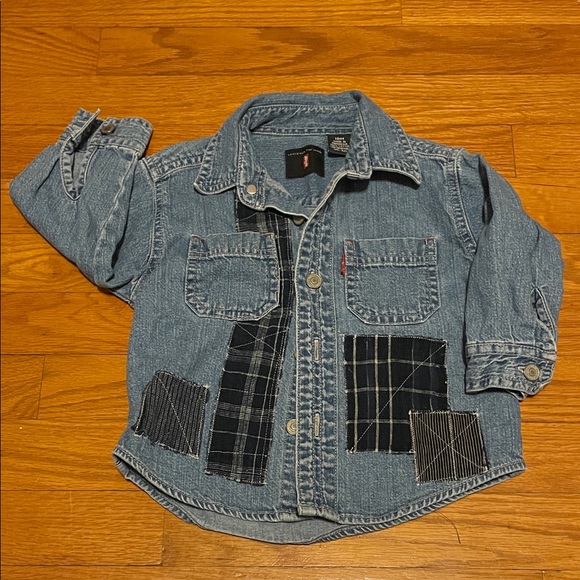 Y2K Levi’s Kids 18M Blue Denim Button Up Shirt with Patchwork Design - Picture 1 of 7